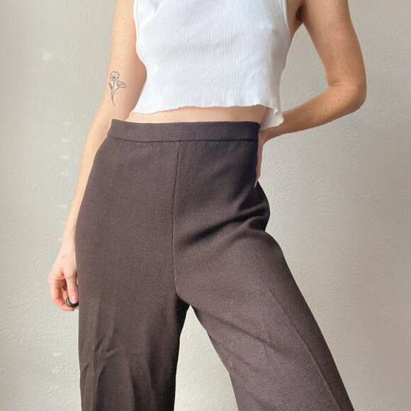 St. John Brown Knit Minimal Pull On Wide Leg Pants - Picture 1 of 4